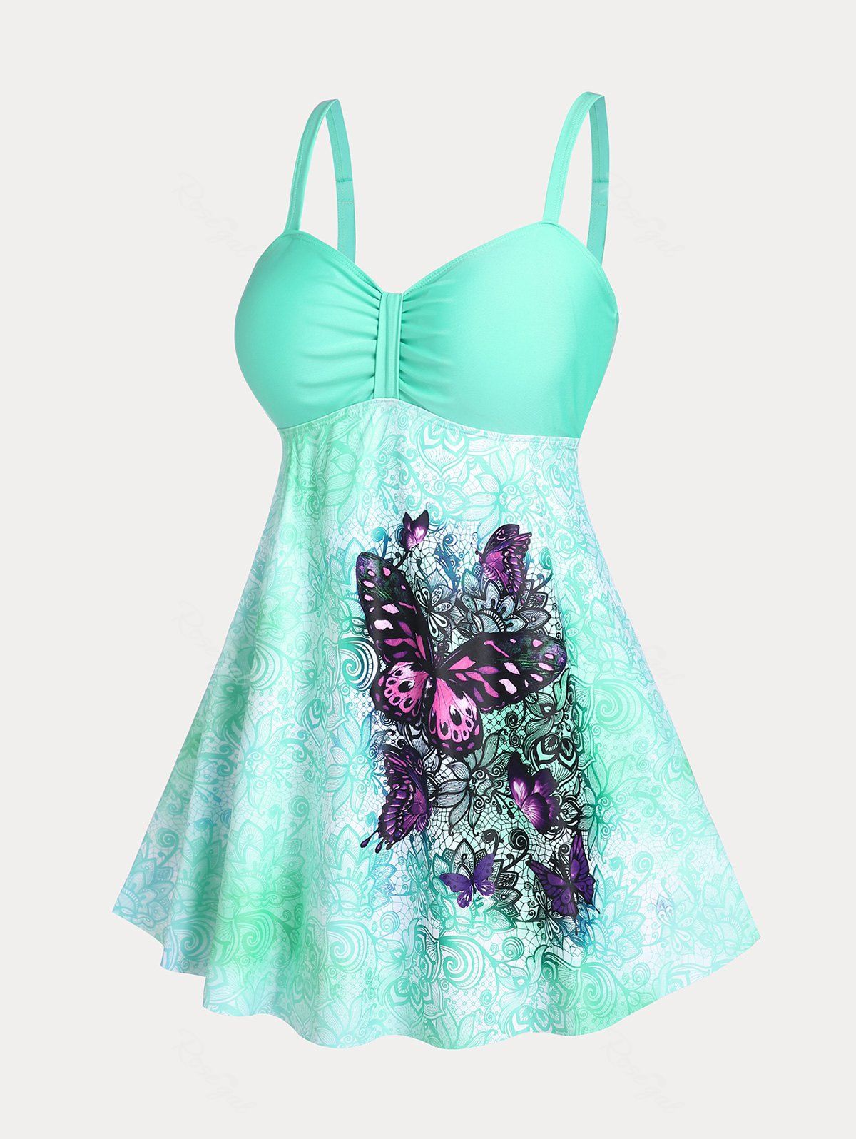 Fancy Ruched Butterfly Print Plus Size Tummy Control Modest Swim Dress Set  