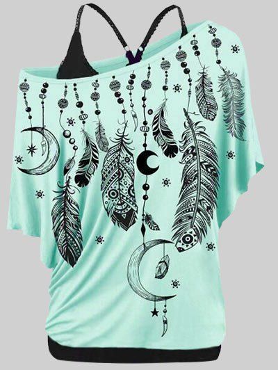 New Skew Neck Feather Print T-shirt and Tank Top Plus Size & Curve Set  