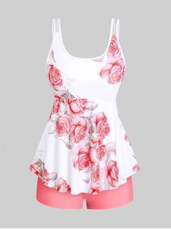 High Waist Rose Print Plus Size & Curve Modest Tankini Swimsuit - LIGHT PINK - L