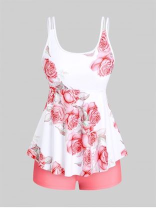 High Waist Rose Print Plus Size & Curve Modest Tankini Swimsuit