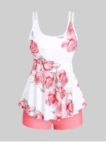 High Waist Rose Print Plus Size & Curve Modest Tankini Swimsuit - LIGHT PINK - 2X