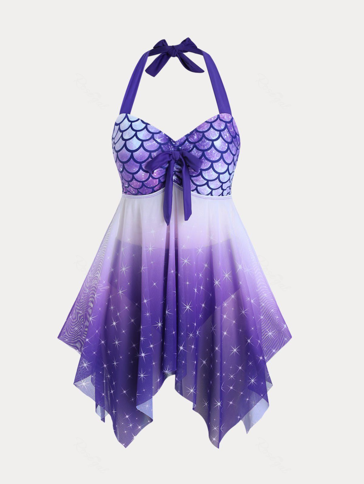 Shop Handkerchief Mermaid Print Backless Plus Size & Curve Halter Modest Tankini  Swimsuit  