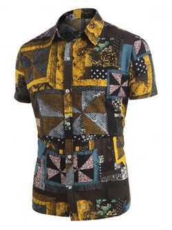 Geometric Pattern Cotton Blend Shirt - YELLOW - XL