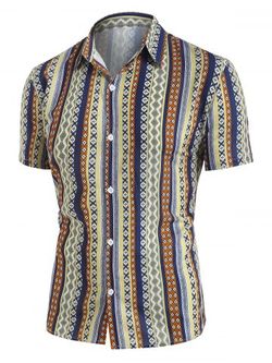Stripe Tribal Print Print Button Up Shirt - MULTI - XL