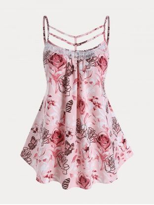 Plus Size & Curve Floral Backless Strappy Lace Panel Cami Top
