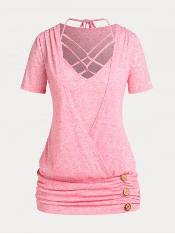 T-shirt Croisé Courbe et Capri Grande Taille à Volants - LIGHT PINK - 4X | US 26-28