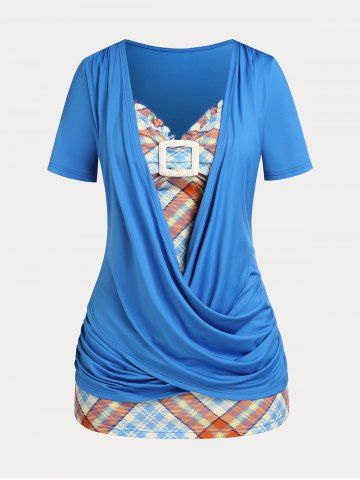 T-shirt Croisé Ourlet Courbe à Carreaux de Grande Taille 2 en 1 - BLUE - 4X | US 26-28