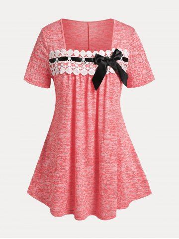 Plus Size & Curve Space Dye Bowknot Curved Hem Applique Panel Tee