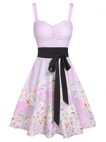 Floral Print Knotted A Line Backless Dress - LIGHT PURPLE - M