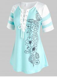 Plus Size Lace Up Print Colorblock T-shirt -  