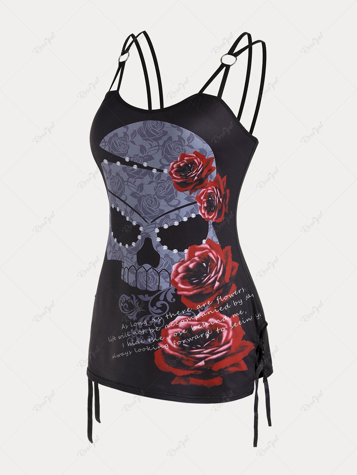 Discount Skull Rose Print Lace Up Plus Size & Curve Gothic Tank Top  
