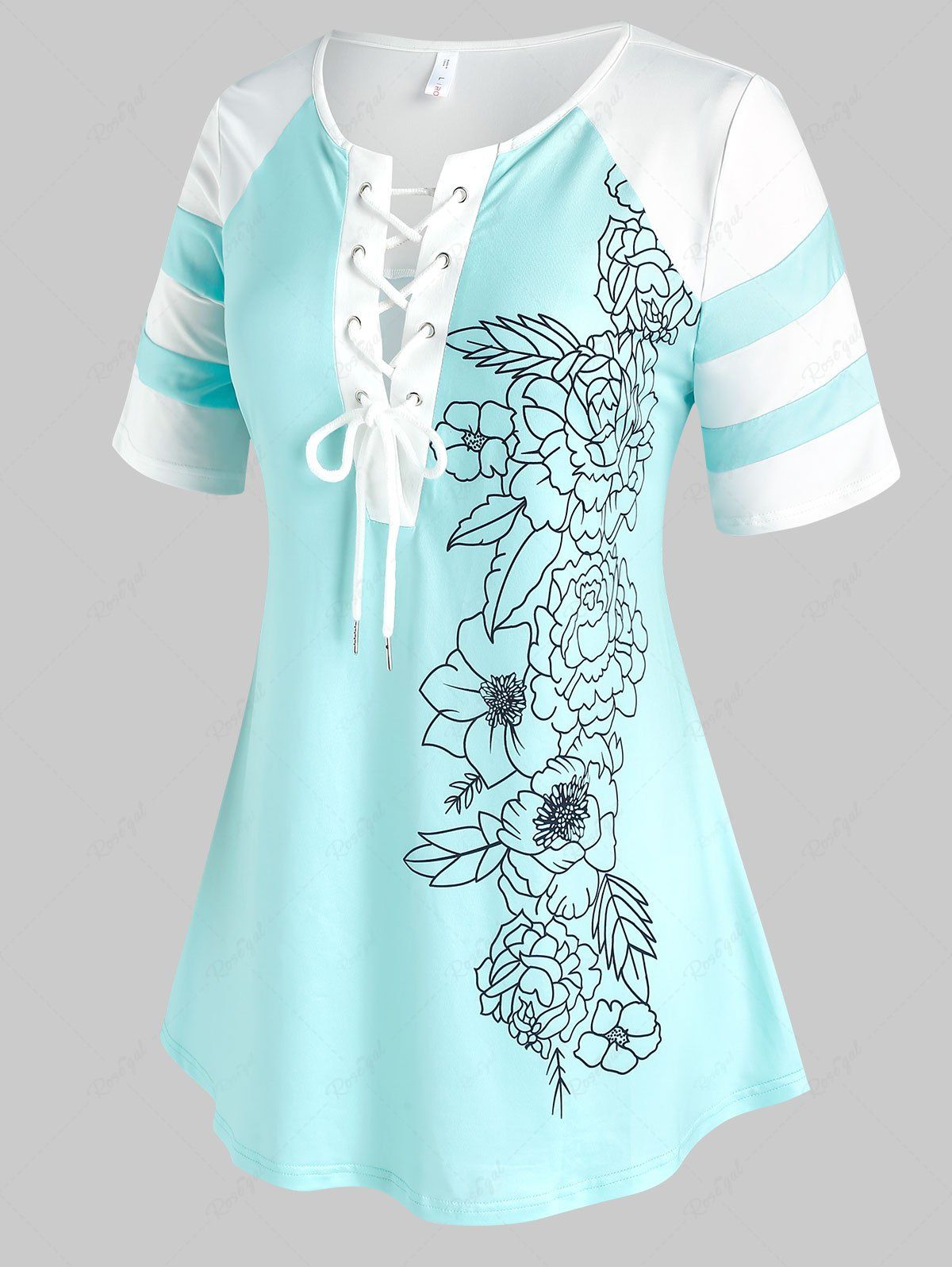 Shop Plus Size Lace Up Print Colorblock T-shirt  