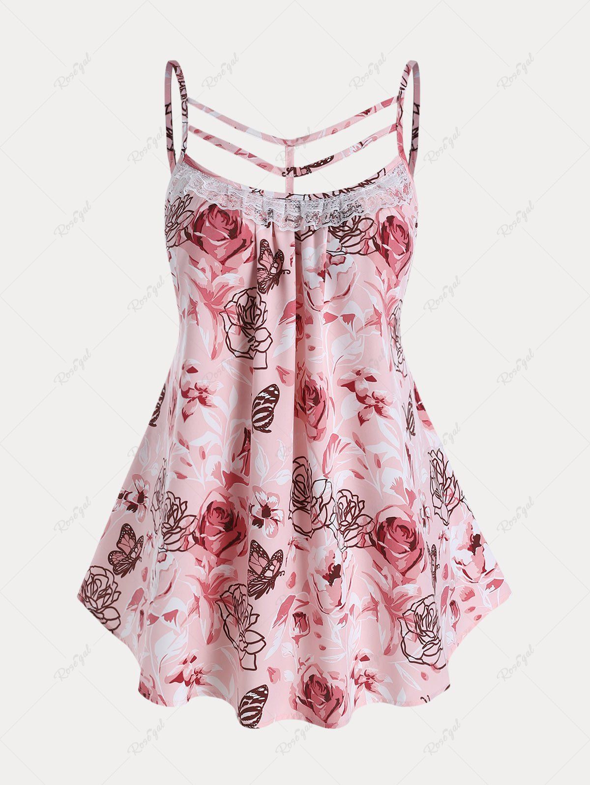 Hot Plus Size & Curve Floral Backless Strappy Lace Panel Cami Top  