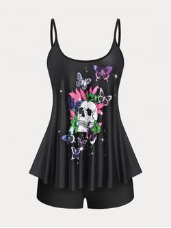 Plus Size & Curve Skull Butterfly Print Modest Tankini  Swimsuit - BLACK - 3X
