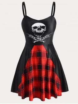 Gothic Skull Plaid Print Plus Size & Curve Modest Swim Dress Set - BLACK - 2XL