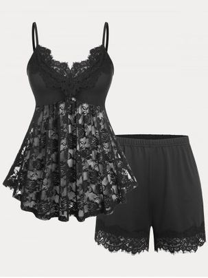 Rose Lace Insert Shorts Plus Size Pajamas Set