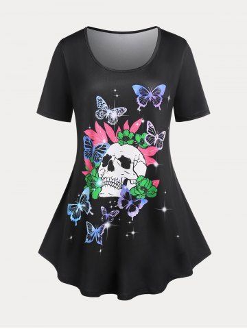 Skull Butterfly Print Plus Size & Curve Gothic T-shirt - BLACK - 1X | US 14-16