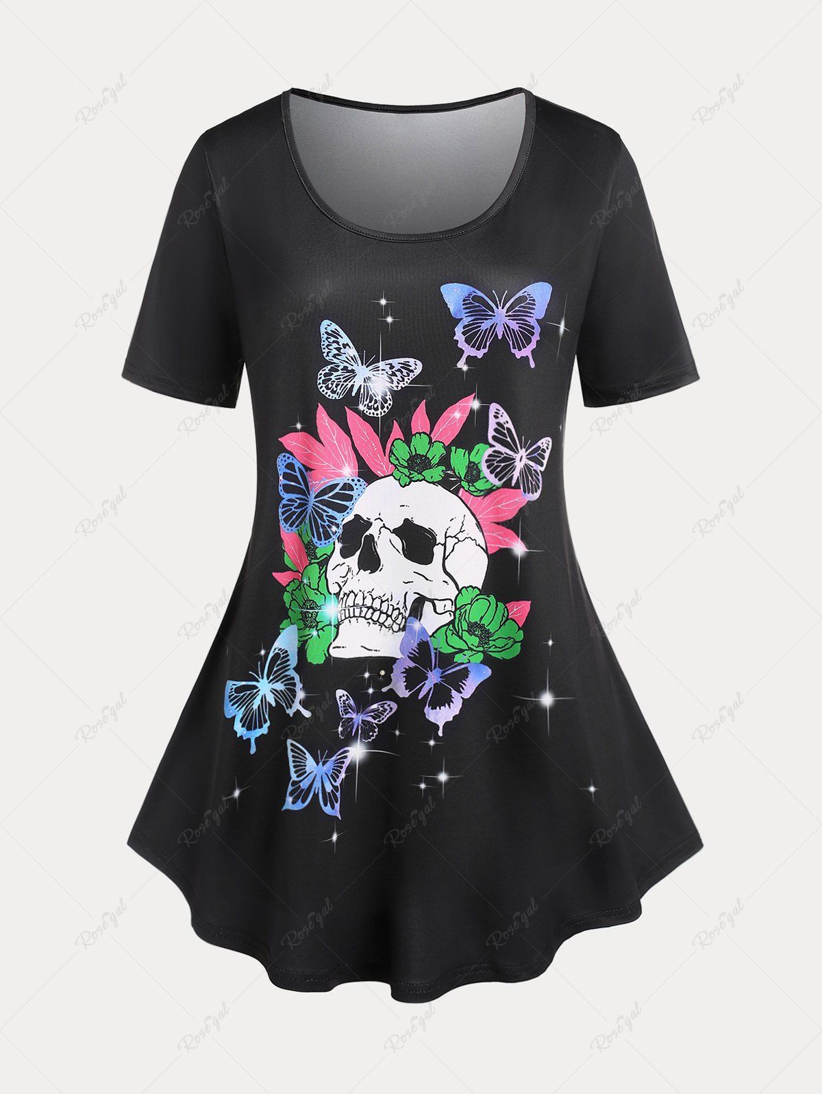 Chic Skull Butterfly Print Plus Size & Curve Gothic T-shirt  