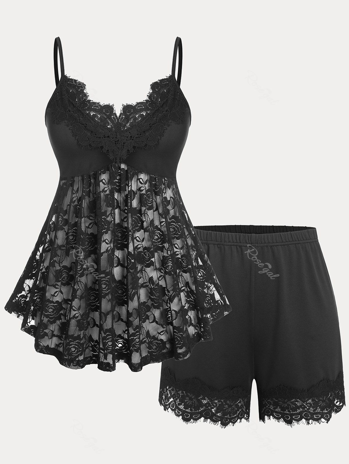 Sale Rose Lace Insert Shorts Plus Size Pajamas Set  