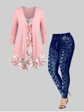 Floral Print 2 in 1 Tee and Skinny 3D Leggings Plus Size Outfit - LIGHT PINK