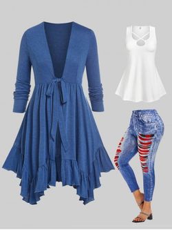 Spring Front Tie Handkerchief Cardigan with Tank Top and Jeggings Plus Size Bundle - DEEP BLUE