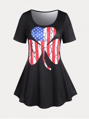 Plus Size & Curve Patriotic Clover American Flag Print T-shirt