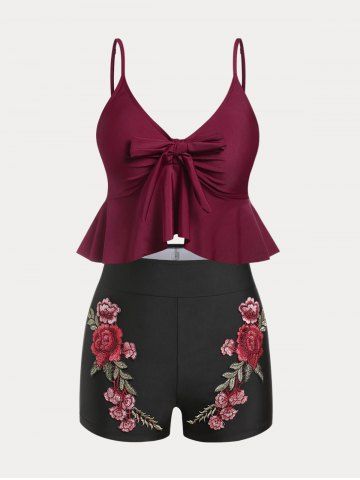 Plus Size & Curve High Waist Rose Applique Tankini Swimsuit - MULTI - 4X