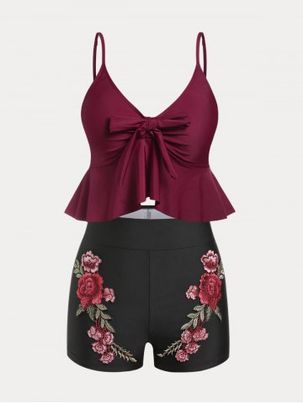Plus Size & Curve High Waist Rose Applique Tankini Swimsuit