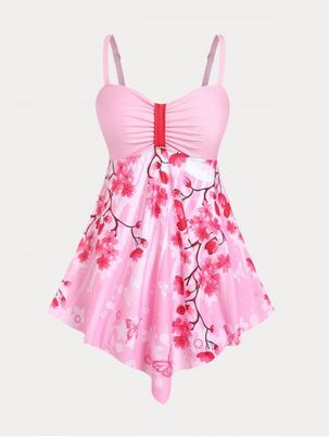 Plus Size & Curve Sakura Print High Waist Modest Tankini Swimsuit