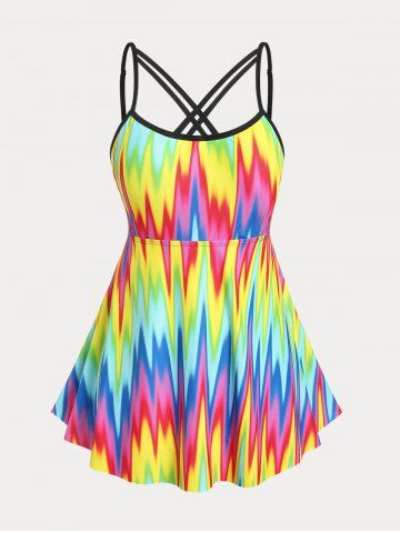 Plus Size & Curve Rainbow Zigzag Crisscross Modest Tankini Swimsuit - MULTI - 2X