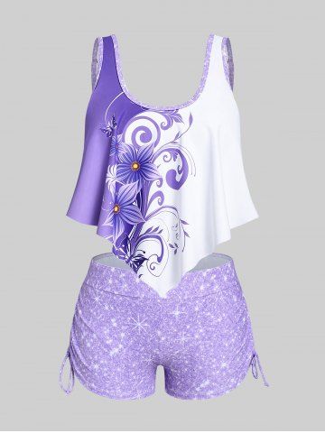 Plus Size & Curve Floral Print Cinched Ruffled Overlay Tankini Swimsuit - LIGHT PURPLE - 5X