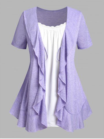 Lavender Ruffled 2 In 1 Tee And Floral Print 3D Jeggings Plus Size Summer  Outfit [64% OFF]