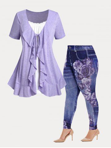 Lavender Ruffled 2 in 1 Tee and Floral Print 3D Jeggings Plus Size Summer Outfit - PURPLE