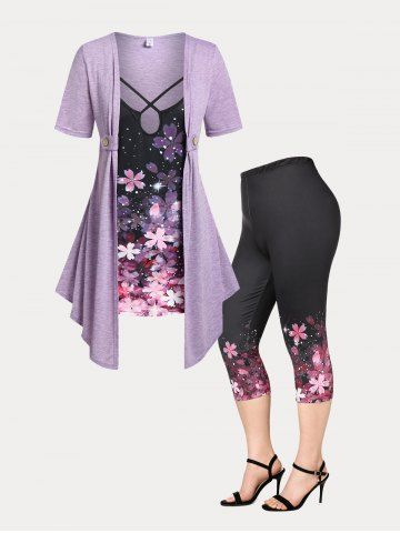 Flower Print 2 In 1 Tee and High Waist Capri Leggings Plus Size Summer Outfit - LIGHT PURPLE