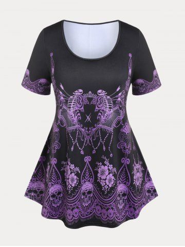 Flower Skeleton Print Plus Size & Curve Gothic Tee