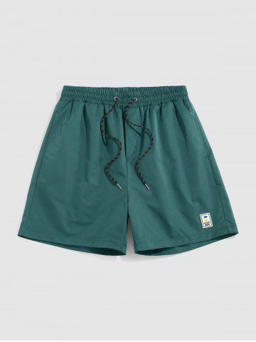 Solid Color Label Design Casual Shorts - DEEP GREEN - L