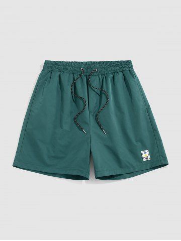 Solid Color Label Design Casual Shorts - DEEP GREEN - S