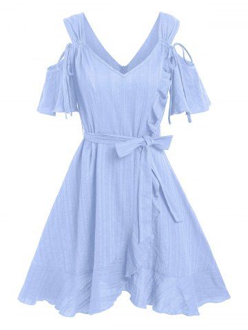 Ruffled Cold Shoulder Flounced Dress - LIGHT BLUE - XL