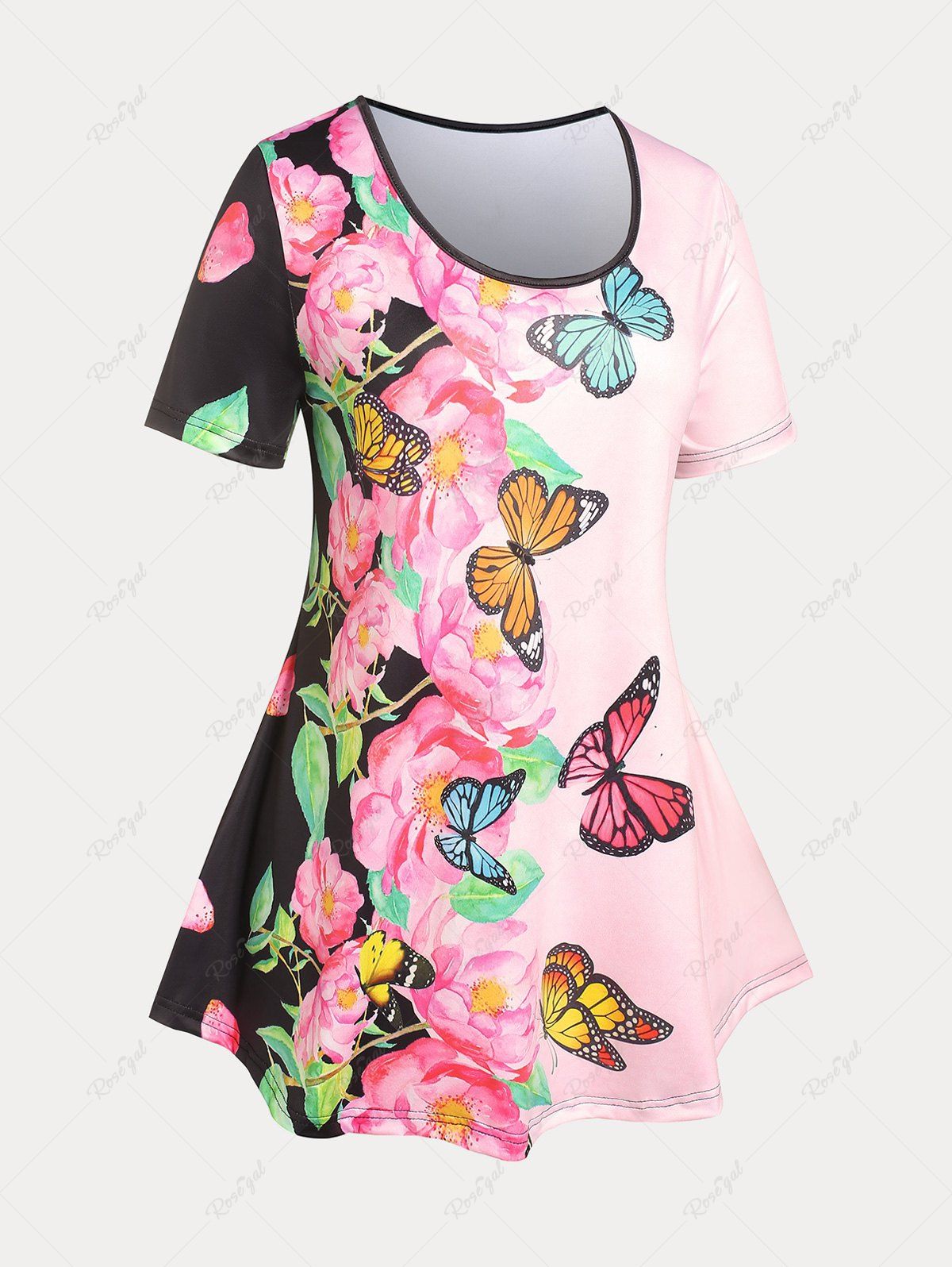 T-shirt avec Motif Papillon et Fleur Courbée Grande Taille Multi 