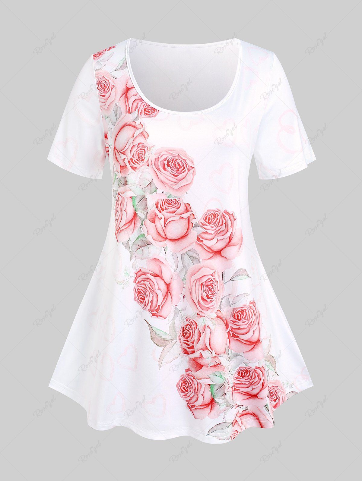 T-shirt à Cœur Rose Saint-Valentin Style de Curve Grande Taille Blanc 