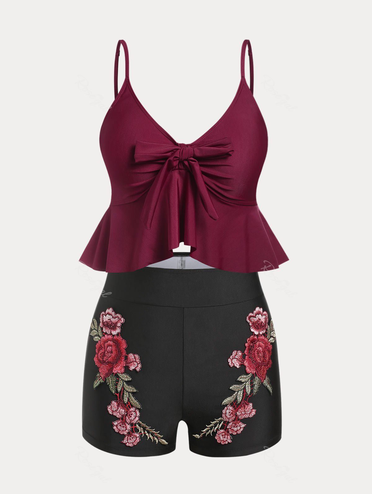 Sale Plus Size & Curve High Waist Rose Applique Tankini Swimsuit  