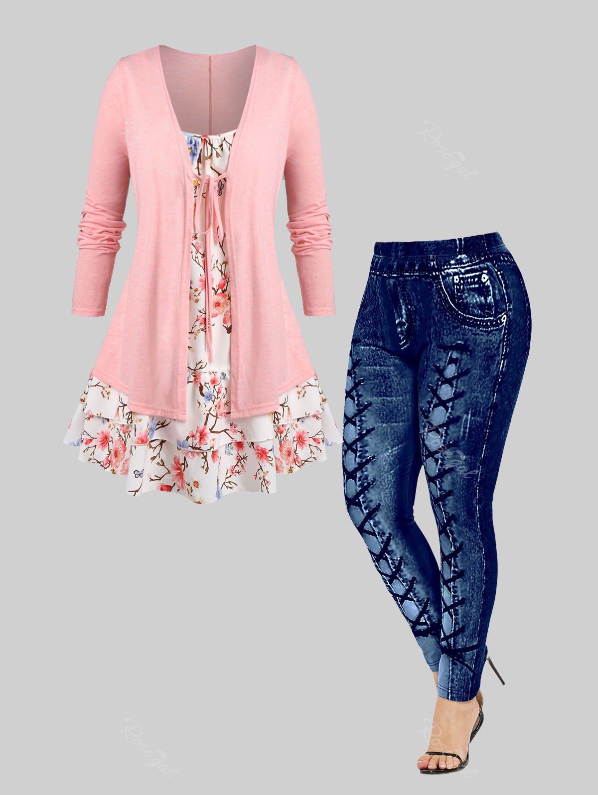 Fancy Floral Print 2 in 1 Tee and Skinny 3D Leggings Plus Size Outfit  