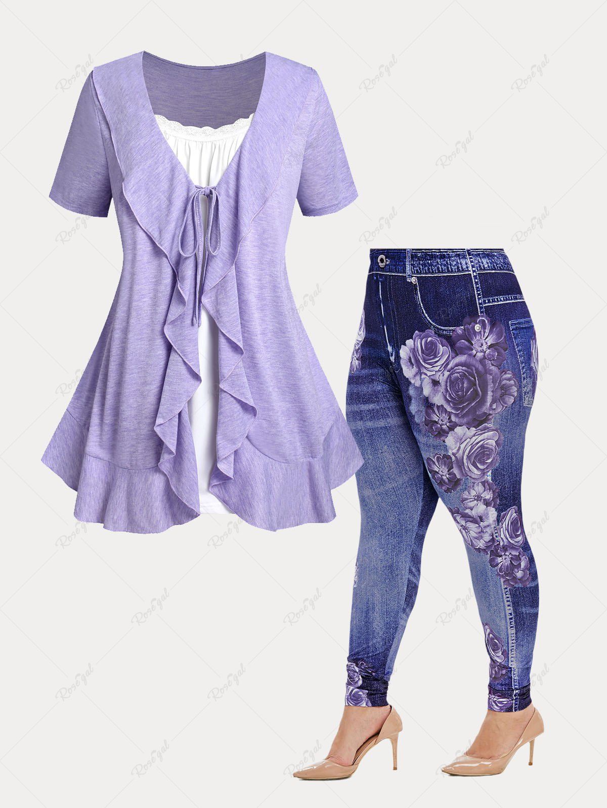 Store Lavender Ruffled 2 in 1 Tee and Floral Print 3D Jeggings Plus Size Summer Outfit  