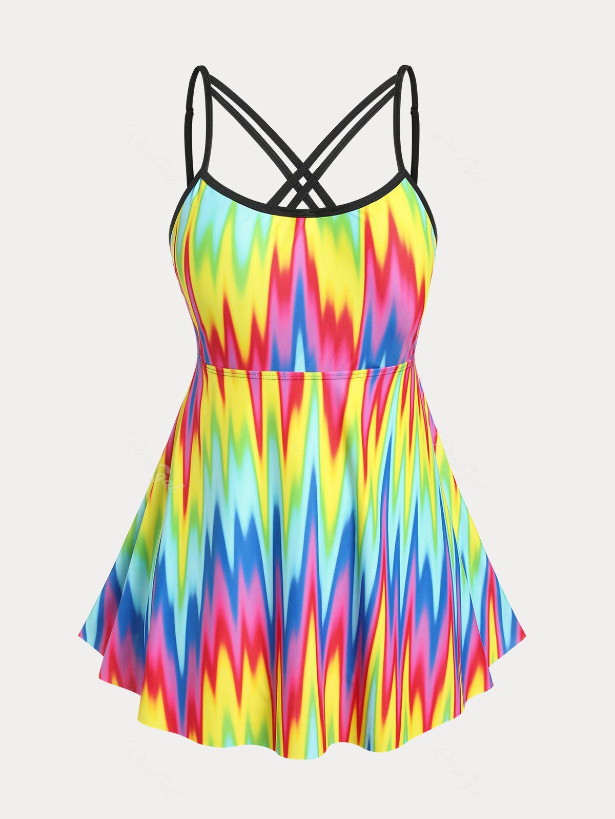 Fancy Plus Size & Curve Rainbow Zigzag Crisscross Modest Tankini Swimsuit  