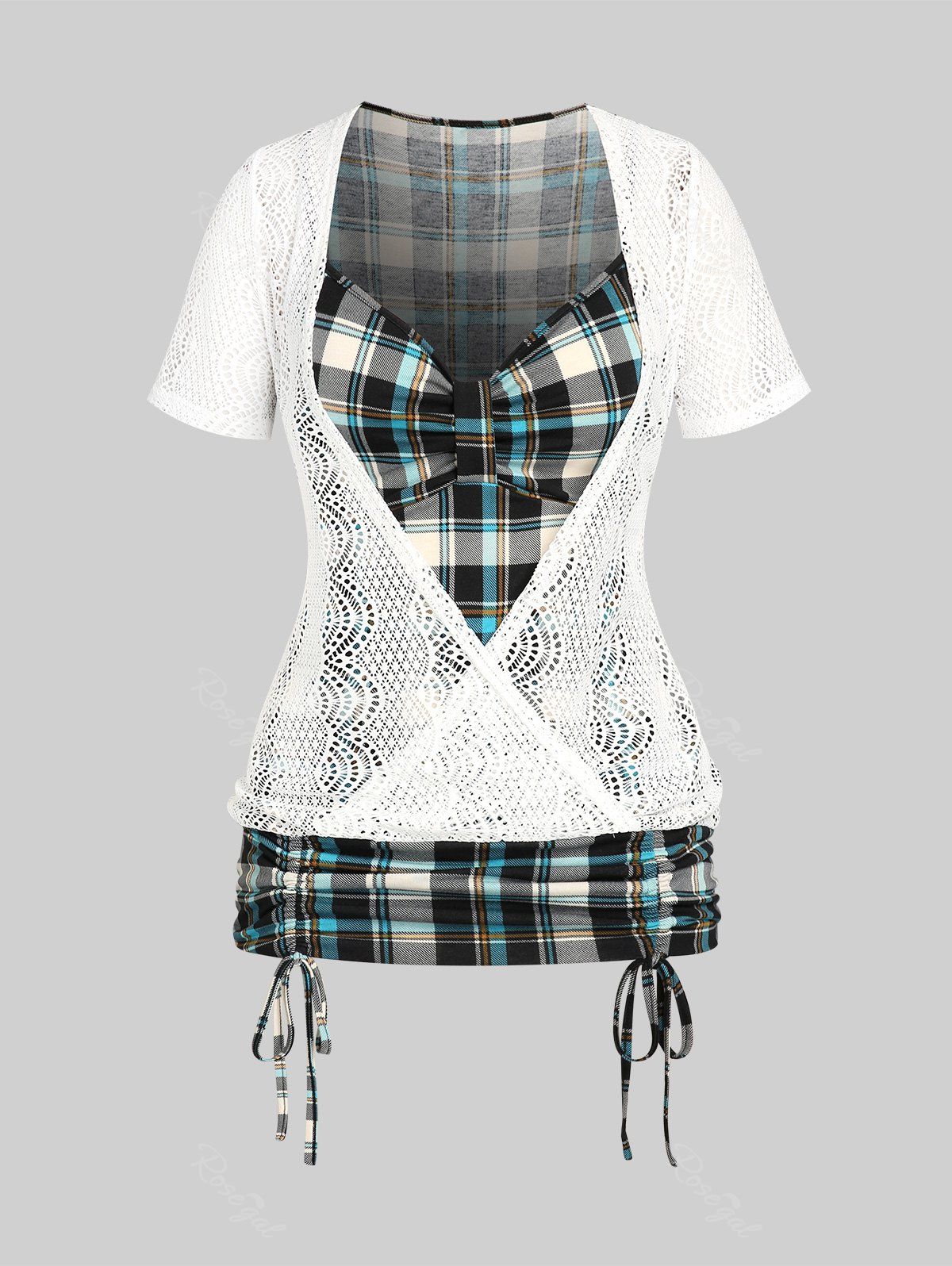 Best Plaid Lace Panel Cinched Plus Size & Curve 2 in 1 Tee  