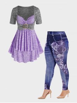 Colorblock Longline Layered Tee and 3D Print Gym Jeggings Plus Size Summer Outfit - PURPLE