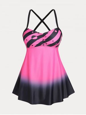 Crisscross Ombre Color Plus Size & Curve Modest Swim Dress Set