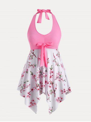 Plus Size & Curve Sakura Blossom Handkerchief Knot Backless Modest Swim Dress Set - LIGHT PINK - 2X