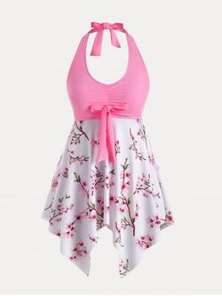 Plus Size & Curve Sakura Blossom Handkerchief Knot Backless Modest Swim Dress Set - LIGHT PINK - 3X