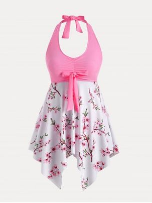 Plus Size & Curve Sakura Blossom Handkerchief Knot Backless Modest Swim Dress Set